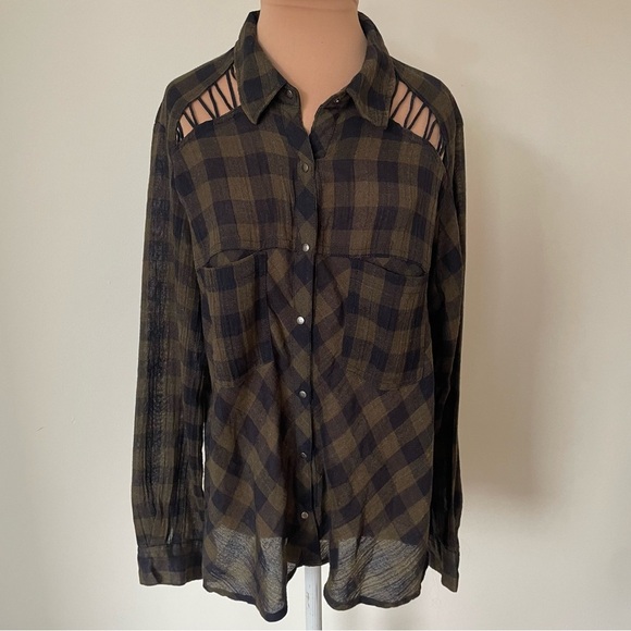 Free People Navy Combo Lace Up Plaid Button Down Long Sleeve Shirt EUC Size S - Picture 5 of 12